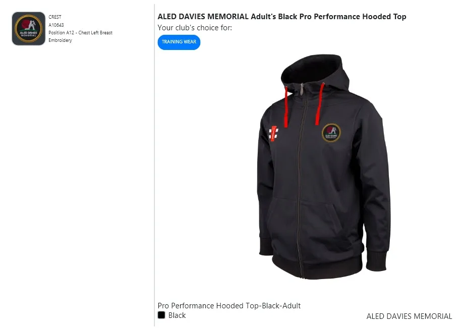 ALED DAVIES MEMORIAL  Adult's Black Pro Performance Hooded Top