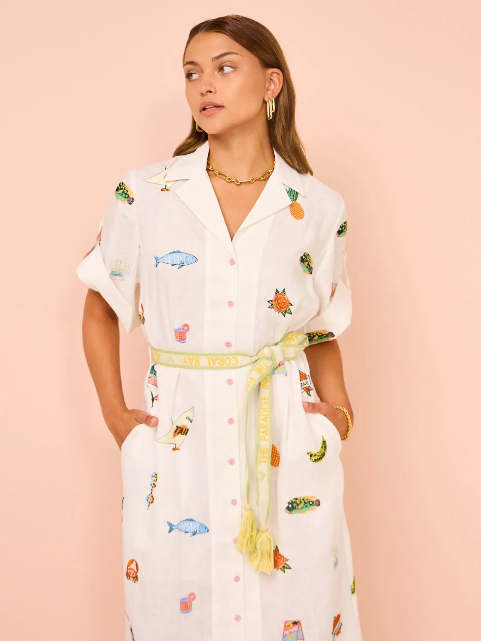 Alemais Blue Marlin Embroidered Dress in Cream