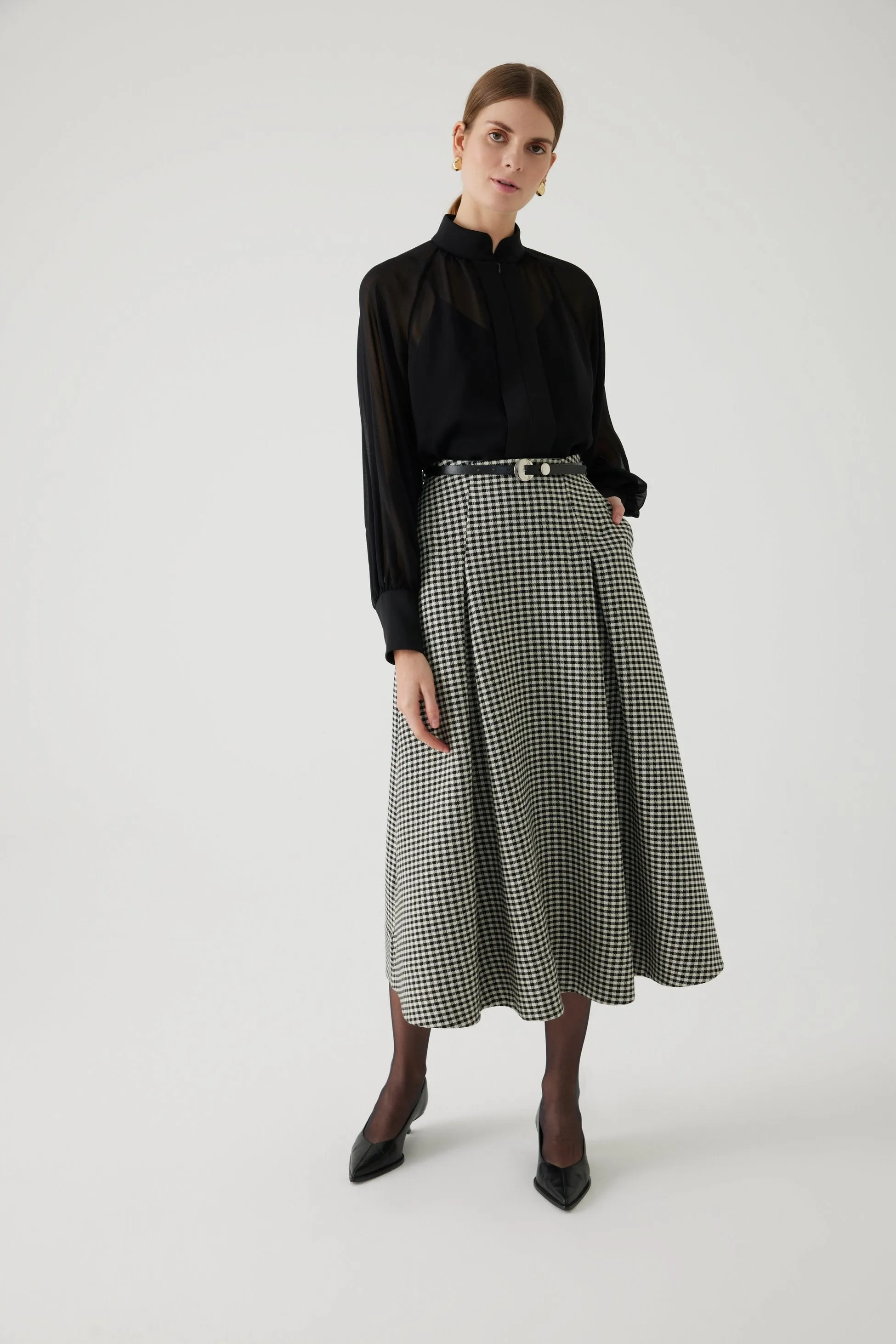 Aline Gingham Patterned Midi Skirt with Belt