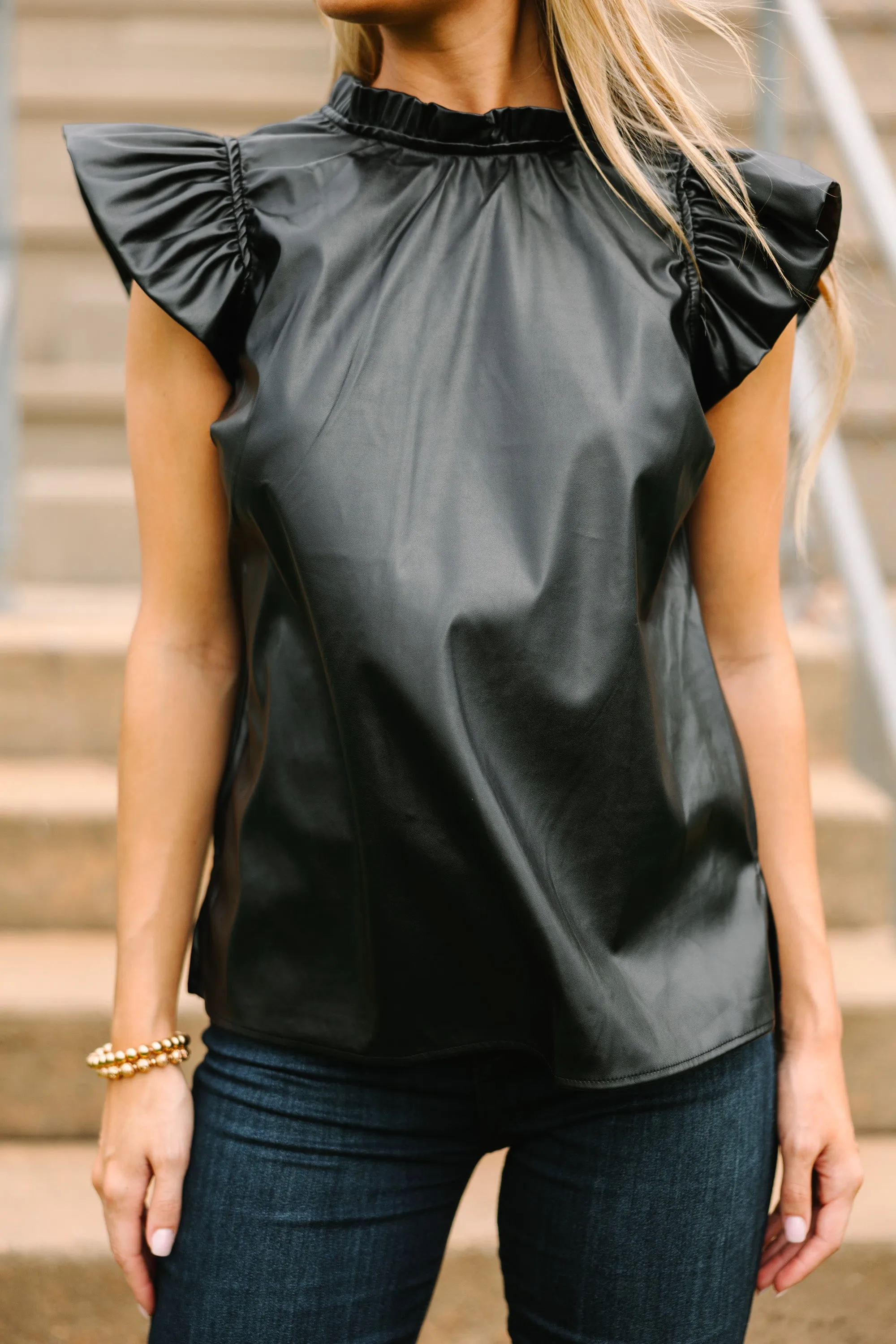 All About It Black Faux Leather Blouse