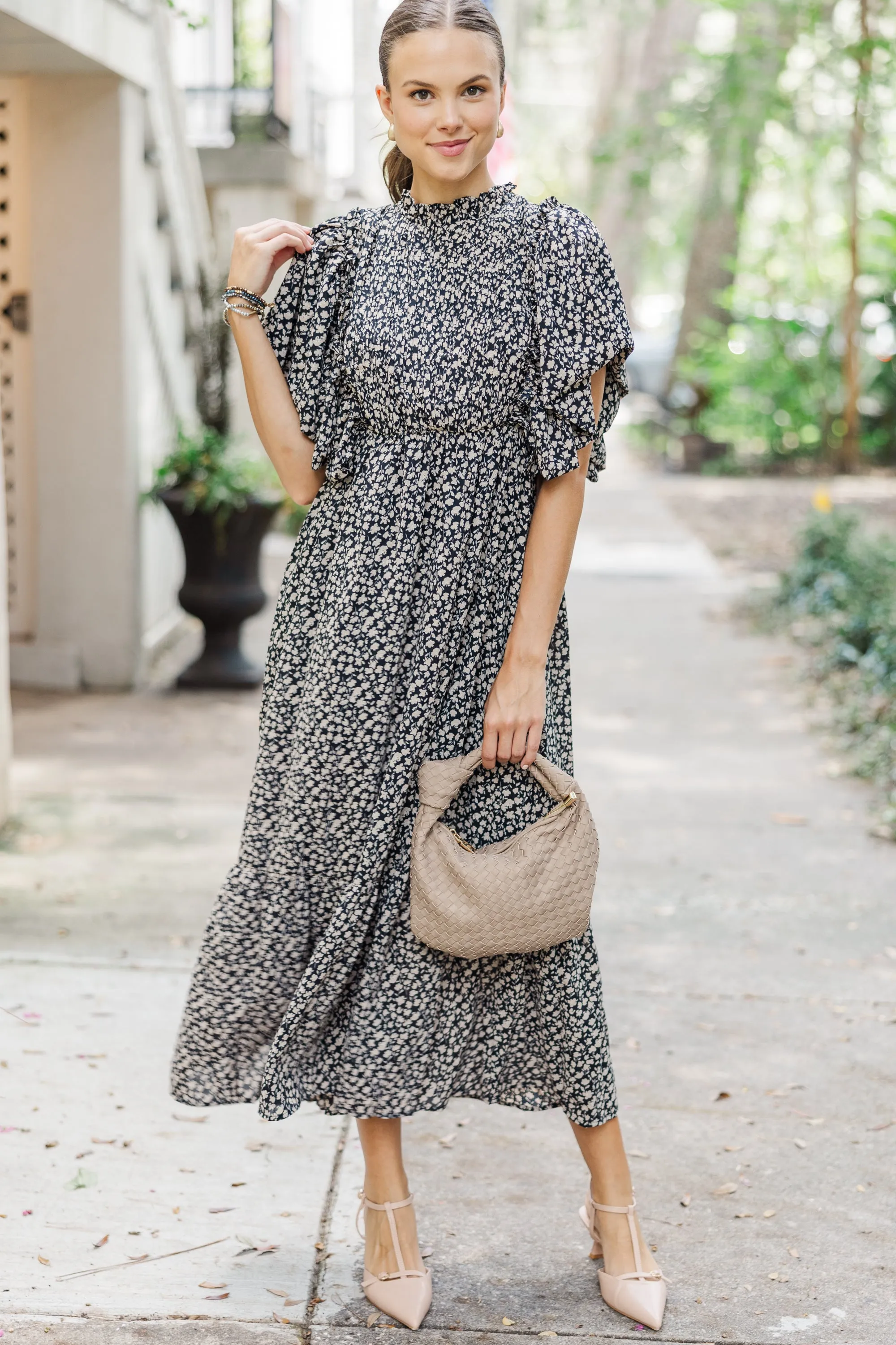 All The Good Black Ditsy Floral Ruffled Midi Dress