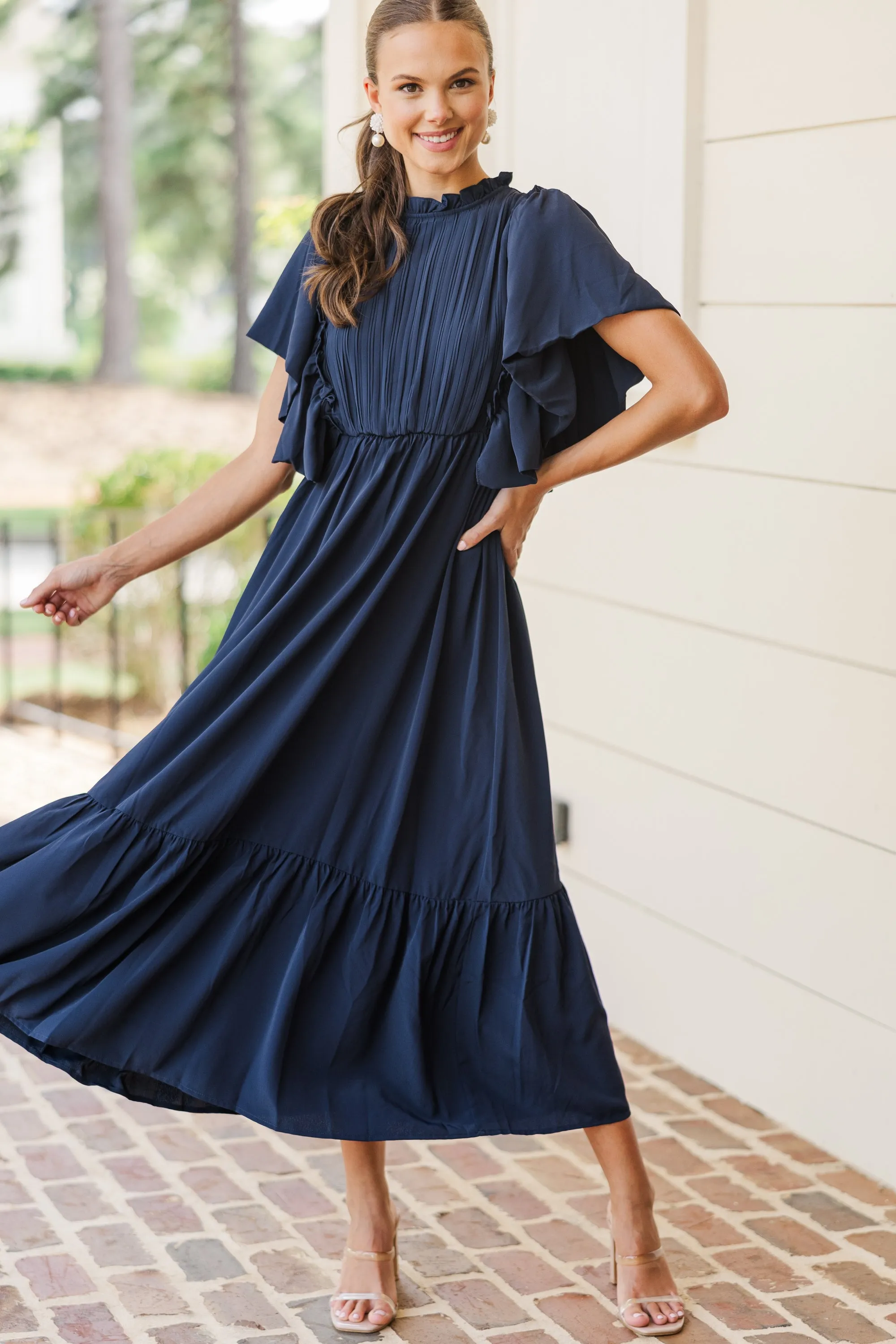 All The Good Navy Blue Ruffled Midi Dress