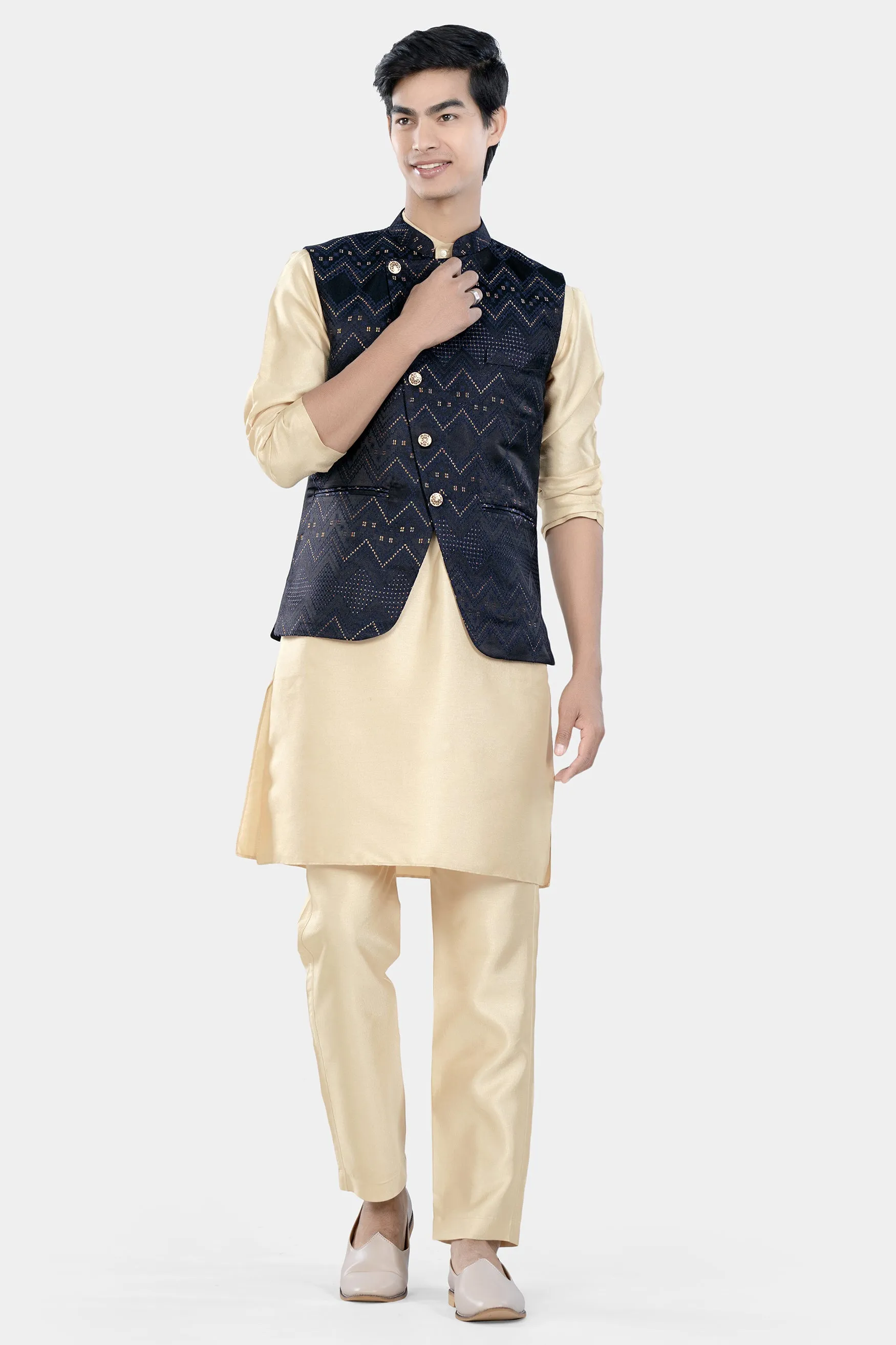 Almond Brown Kurta Set with Bunker and Cloud Burst Blue Chevron Thread Embroidered Designer Nehru Jacket