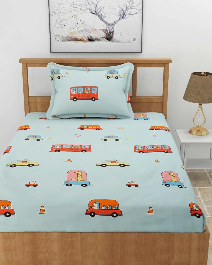 Animal Bus Printed Sky Blue Glace Cotton Elastic Fitted Single Bedsheet with One Pillow Cover | 72 x 36 x 8 inches