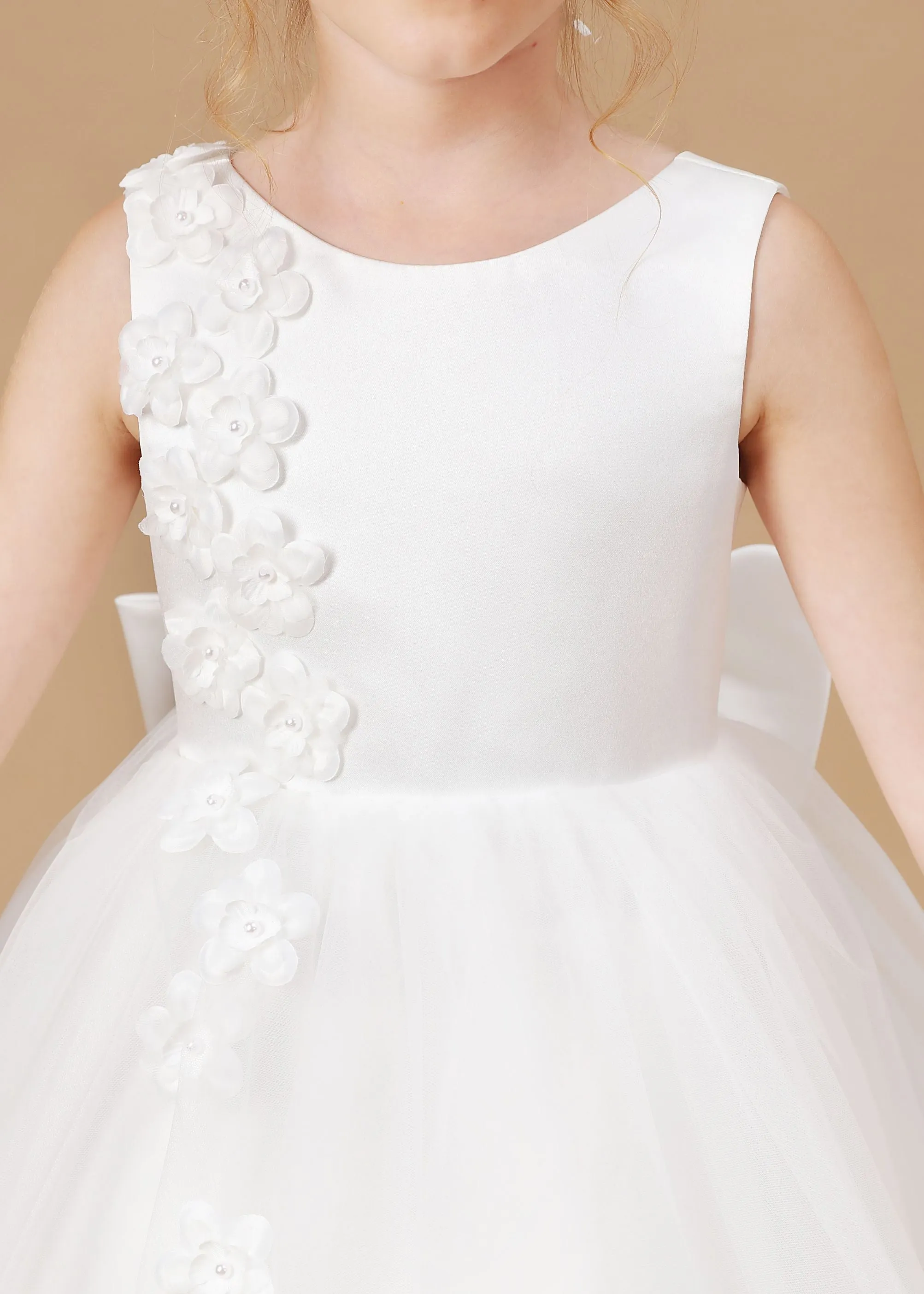 Applique Chic High Low Sleeveless Tulle Stain Flower Girl Dress With Bownet