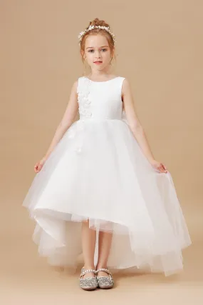 Applique Chic High Low Sleeveless Tulle Stain Flower Girl Dress With Bownet