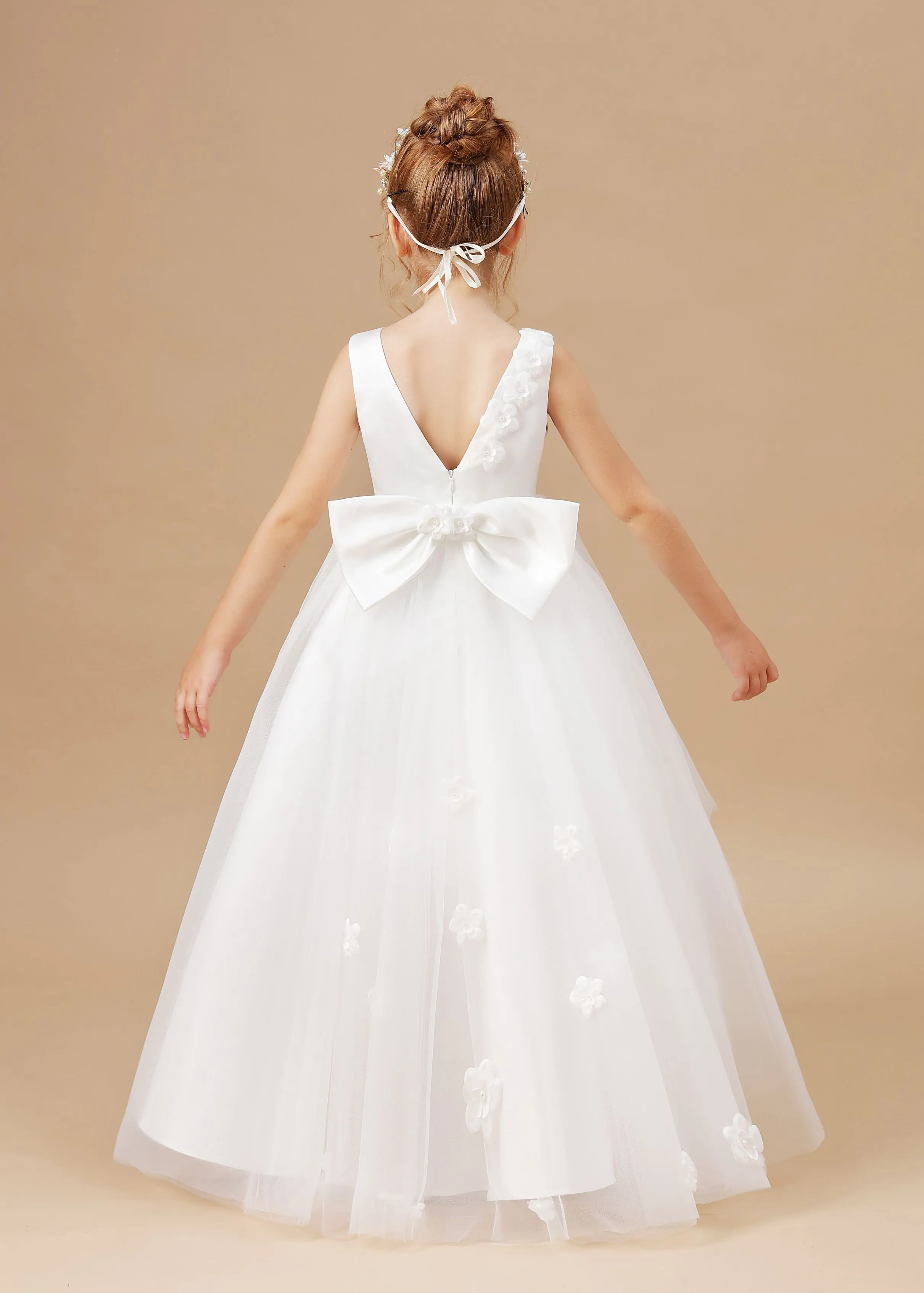 Applique Chic High Low Sleeveless Tulle Stain Flower Girl Dress With Bownet