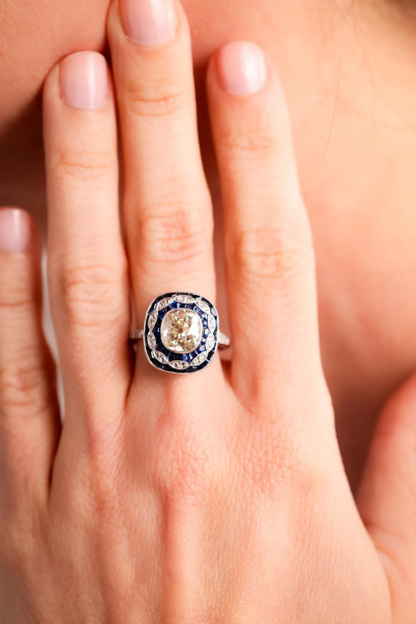 Art Deco Inspired 2.24 Carat Old Mine Diamond Sapphire Platinum Dinner Ring