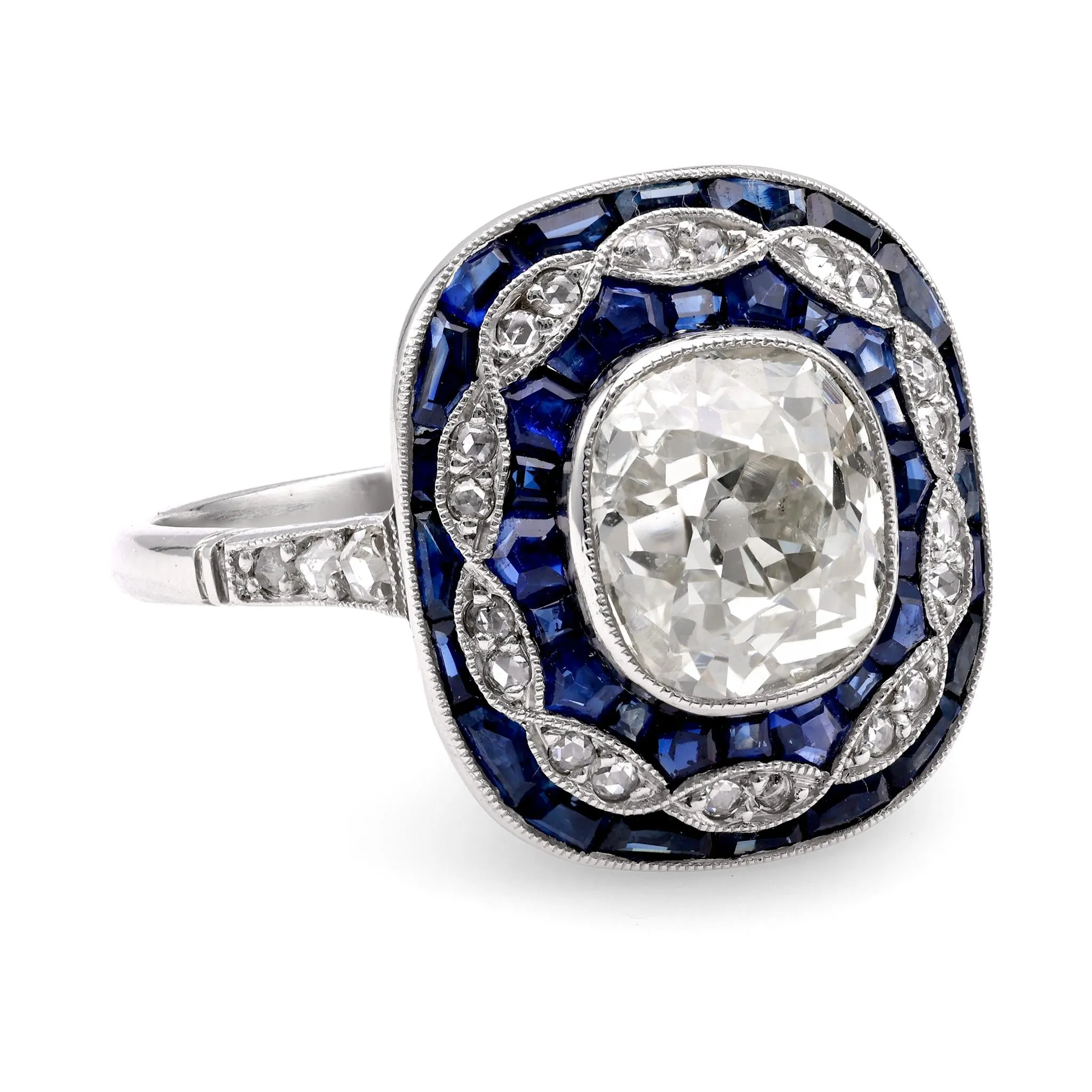 Art Deco Inspired 2.24 Carat Old Mine Diamond Sapphire Platinum Dinner Ring