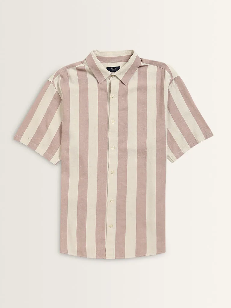 Ascot Dusty Pink Striped Relaxed-Fit Blended Linen Shirt