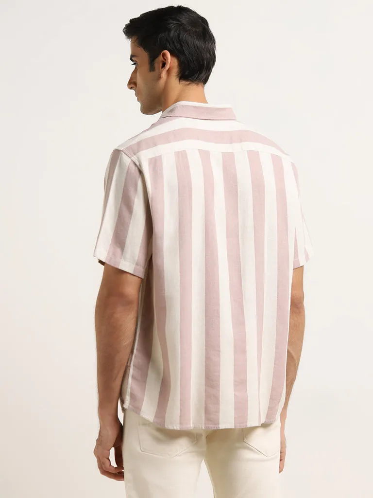 Ascot Dusty Pink Striped Relaxed-Fit Blended Linen Shirt