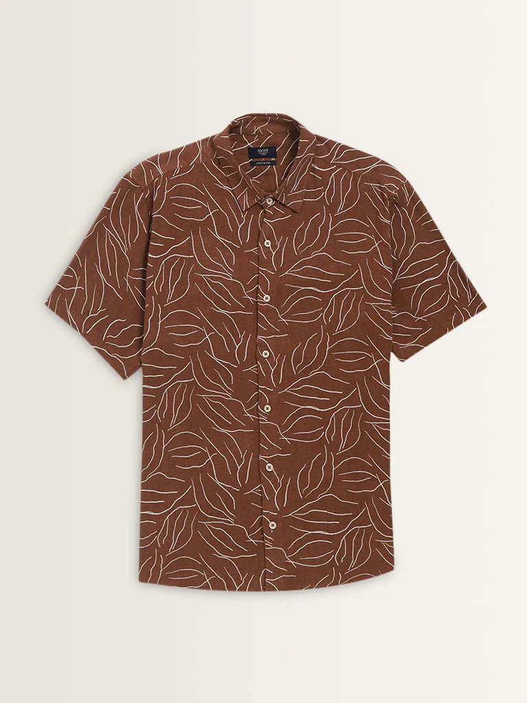 Ascot Tan Abstract Design Relaxed-Fit Blended Linen Shirt