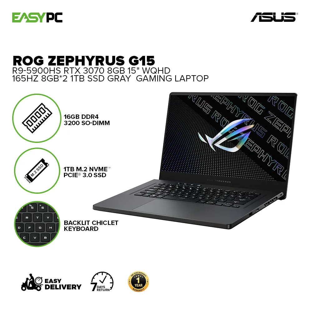 Asus Rog Zephyrus G15 Ga503Qr-Hq050Ts R9-5900Hs 8Gb*2 Win10 15" Wqhd 165Hz/8Gb*2 Laptop Gaming