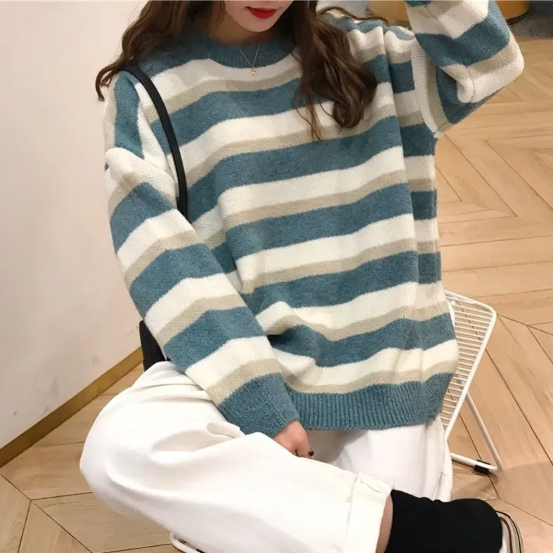 Autumn and Winter New Lazy Wind Hit Color Striped Sweater Female Student Korean Version of Loose and Wild Thin Bottoming Sweater