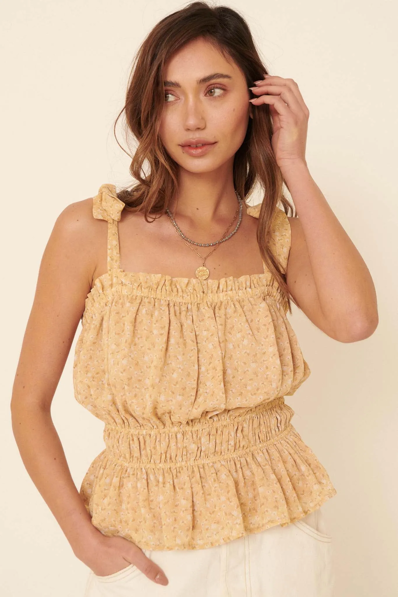 Beautiful Day Ruffled Floral Tie-Strap Cami Top