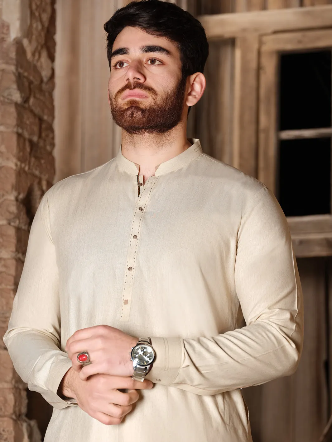 Beige Blended Kameez Shalwar - AL-KS-2505