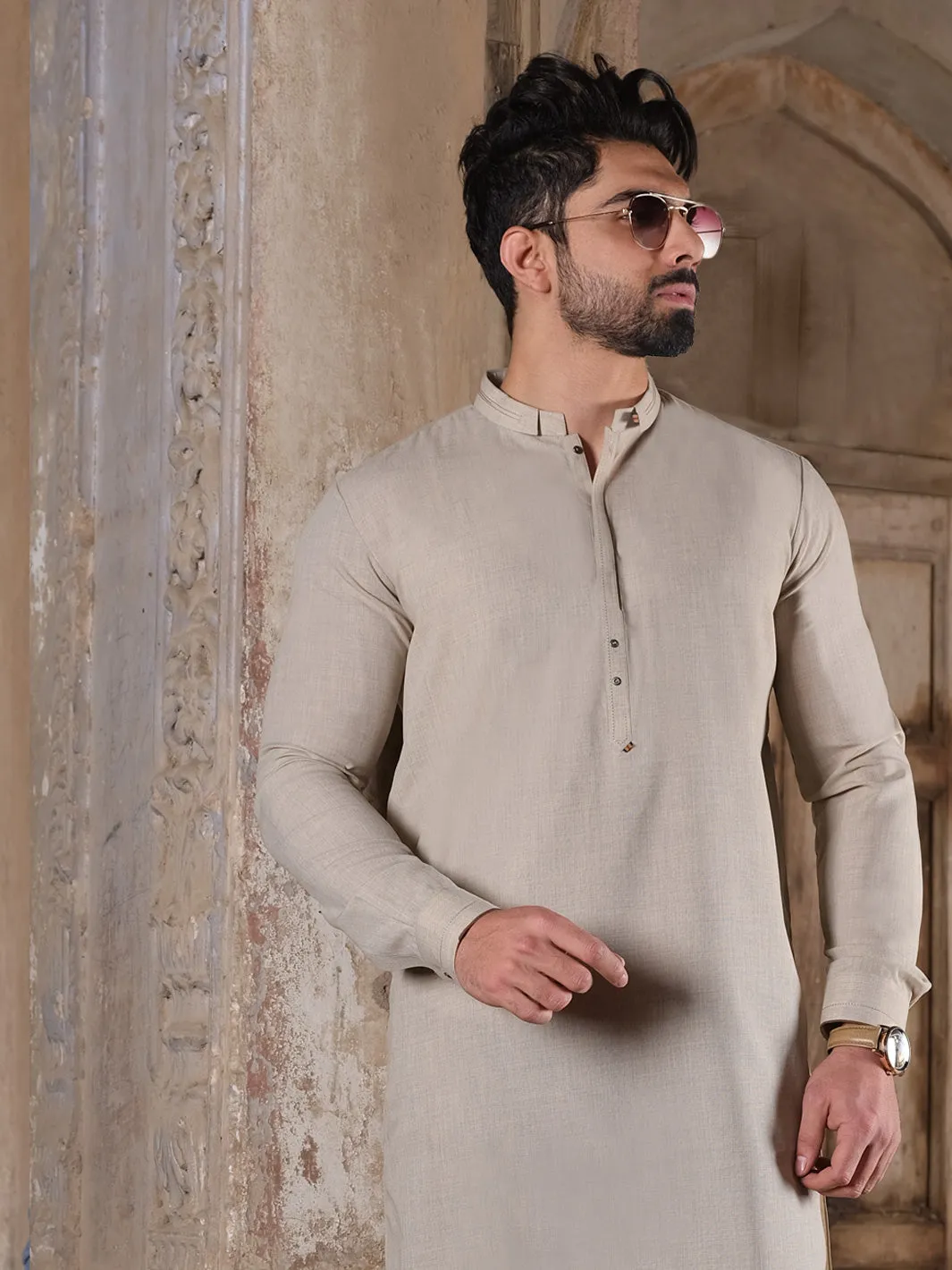 Beige Blended Kurta Pajama - AL-KS-2504