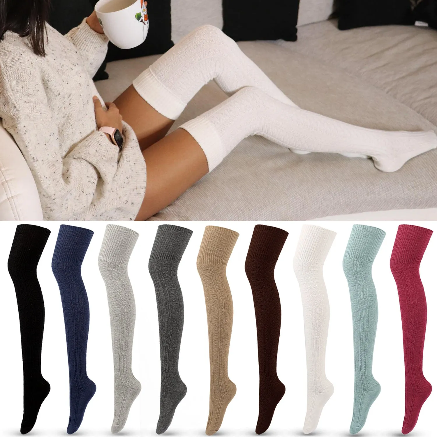 BerriesJam - Autumn/winter Striped Solid Color Cotton Knit Knee Socks