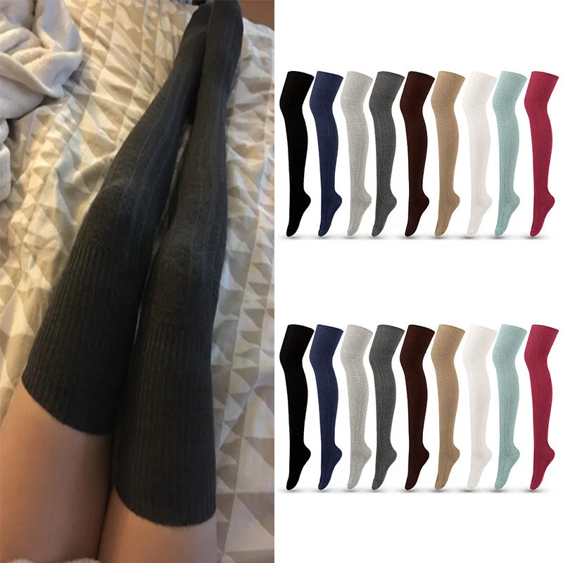 BerriesJam - Autumn/winter Striped Solid Color Cotton Knit Knee Socks