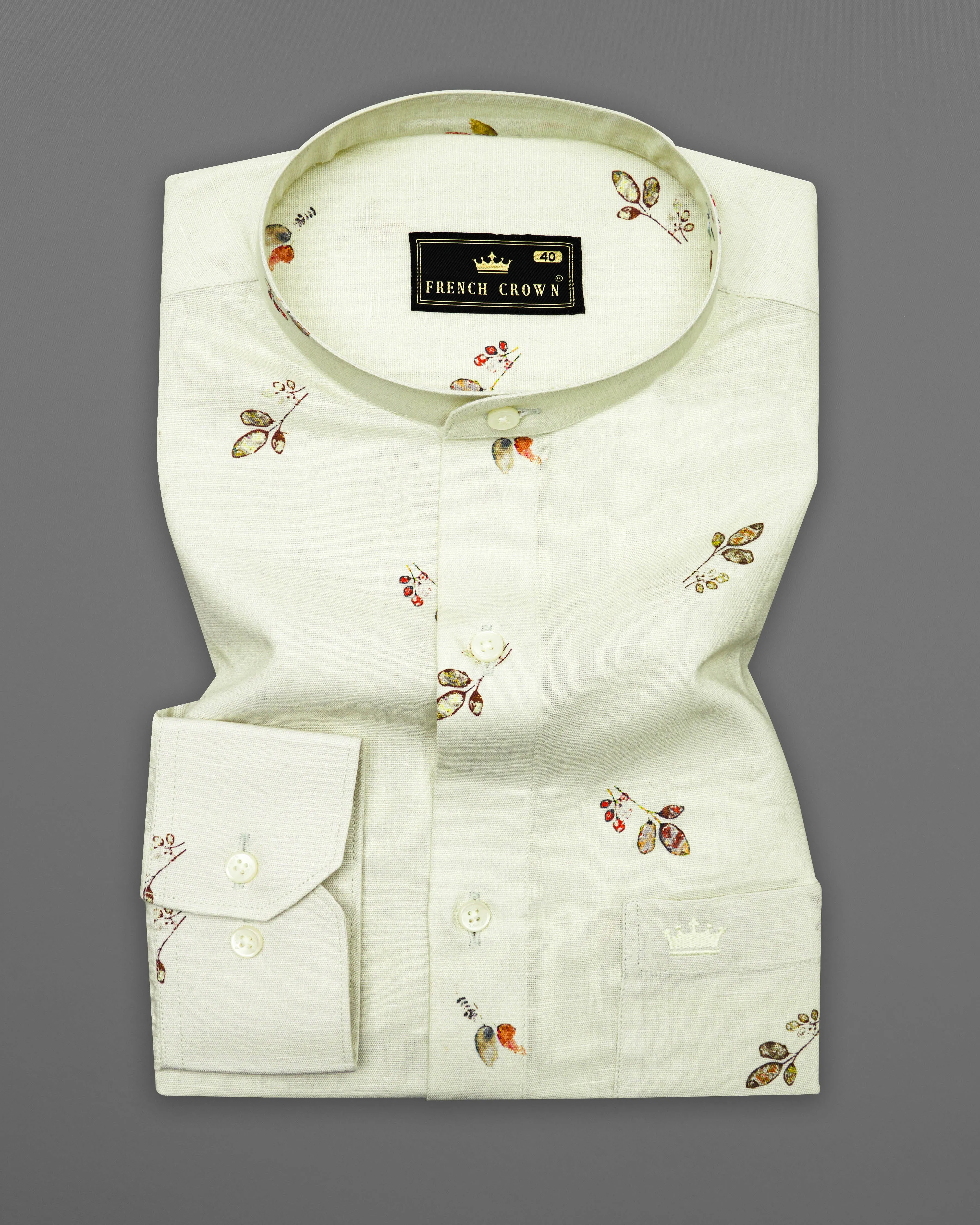 Beryl Beige Leaves Printed Luxurious Linen Shirt