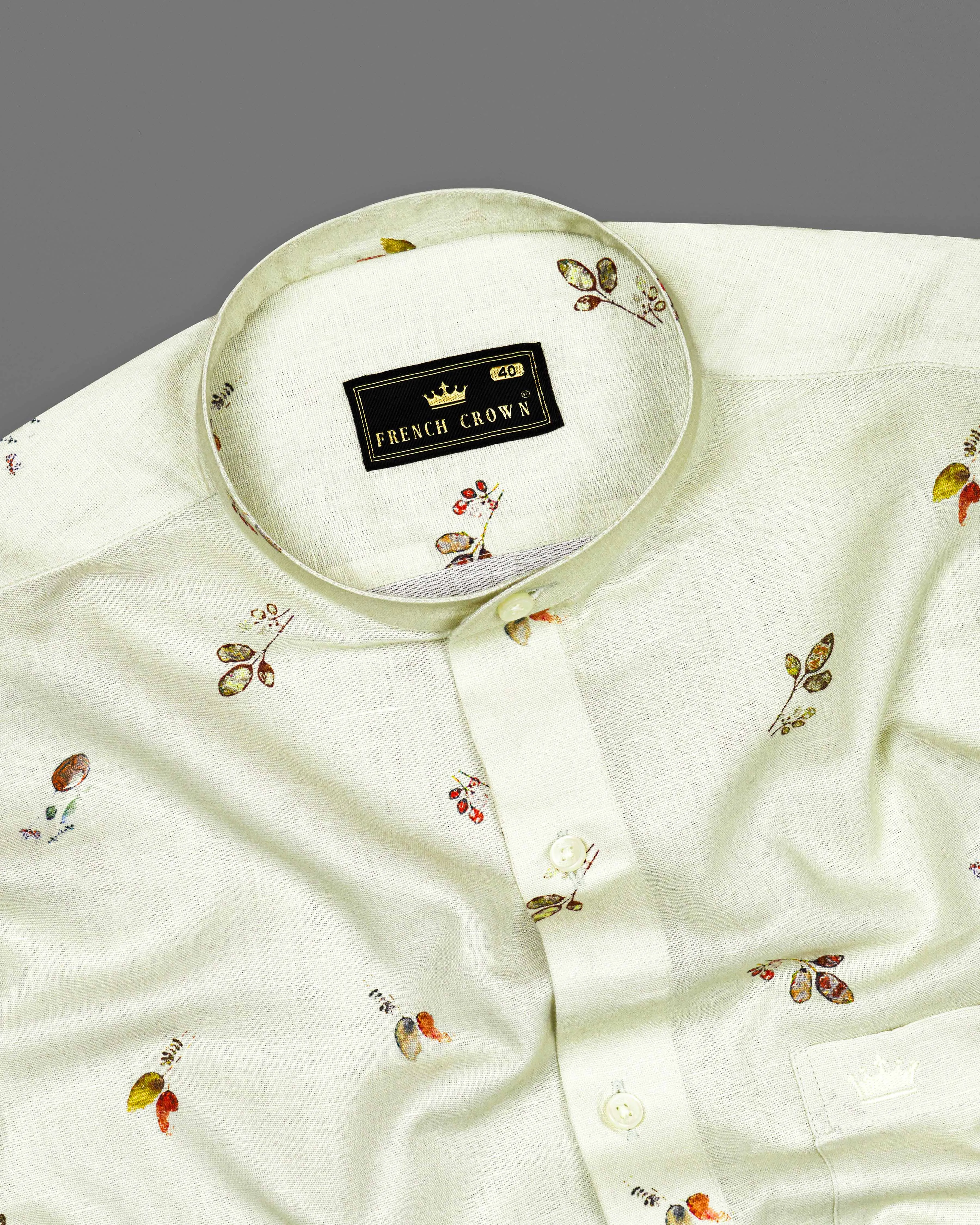 Beryl Beige Leaves Printed Luxurious Linen Shirt