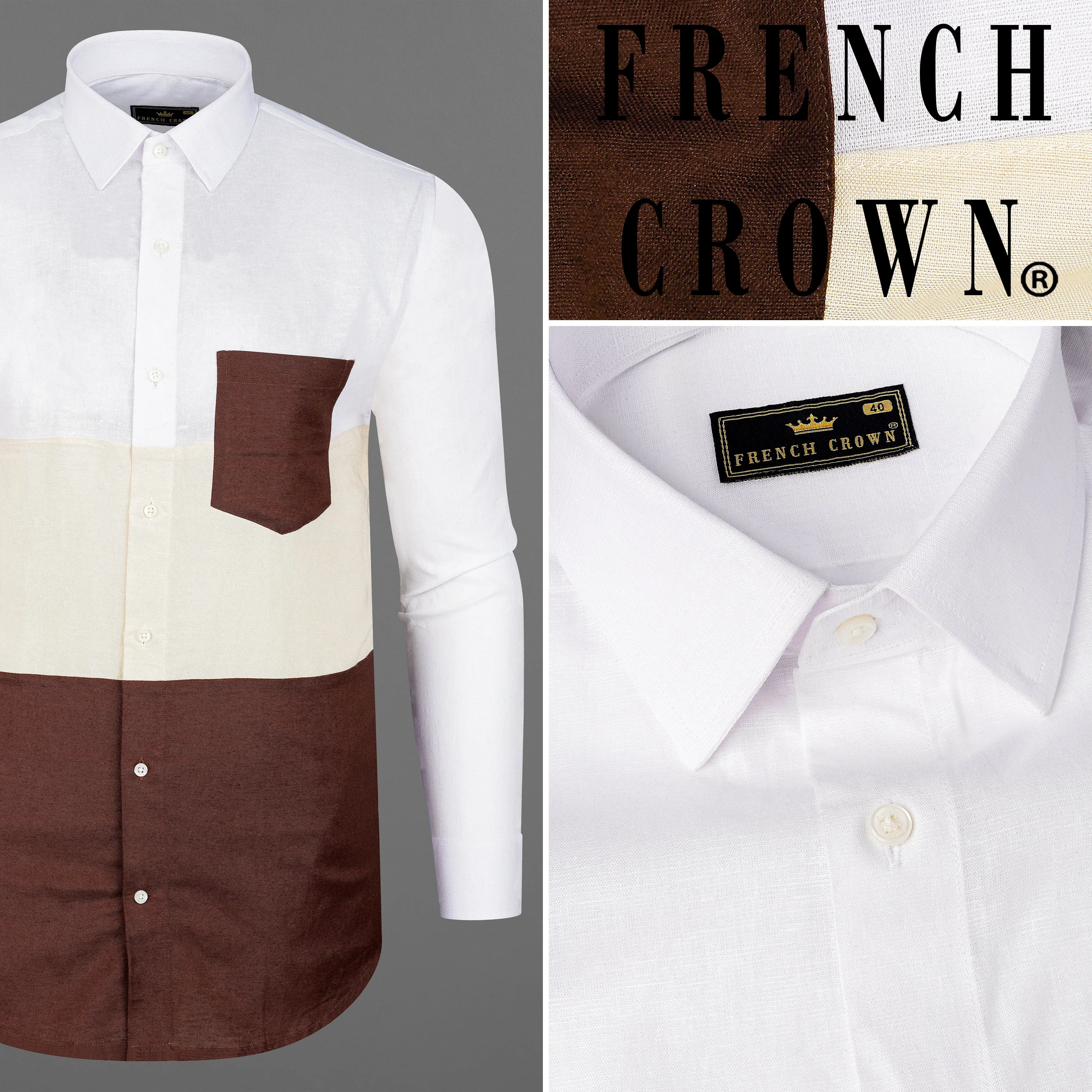 Bistre Brown with Periglacial Cream and White Luxurious Linen Designer Block Pattern Shirt