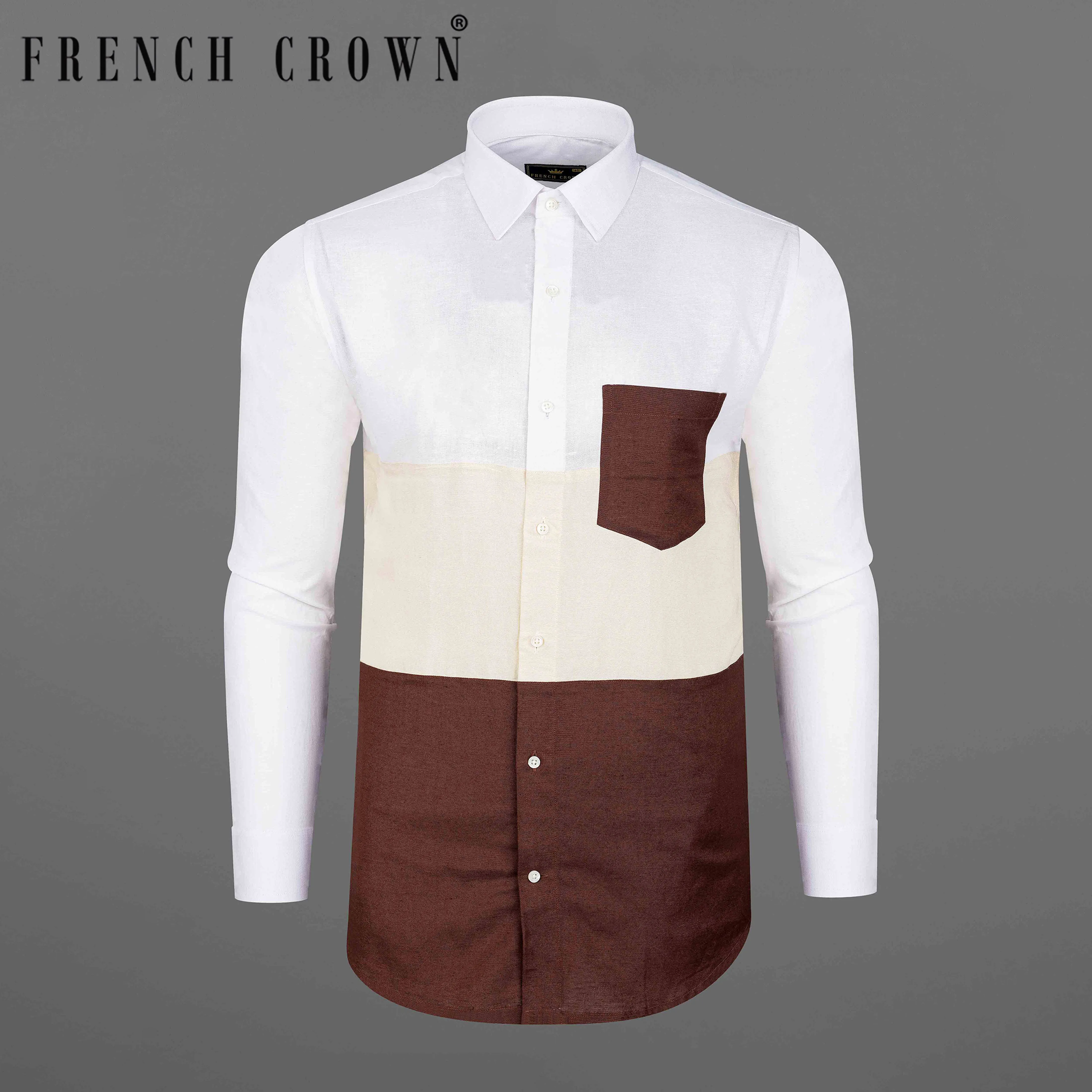 Bistre Brown with Periglacial Cream and White Luxurious Linen Designer Block Pattern Shirt