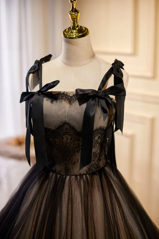 Black A-line Long Tulle Prom Dress with Bowknot LJ0572