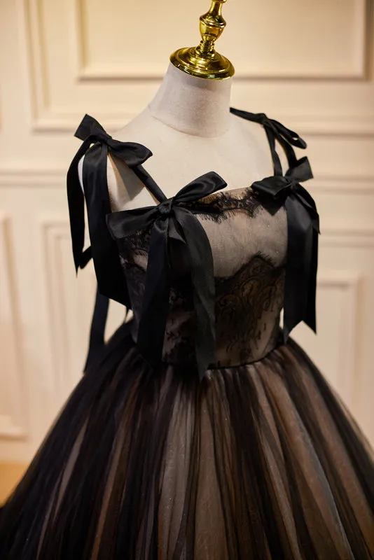 Black A-line Long Tulle Prom Dress with Bowknot LJ0572