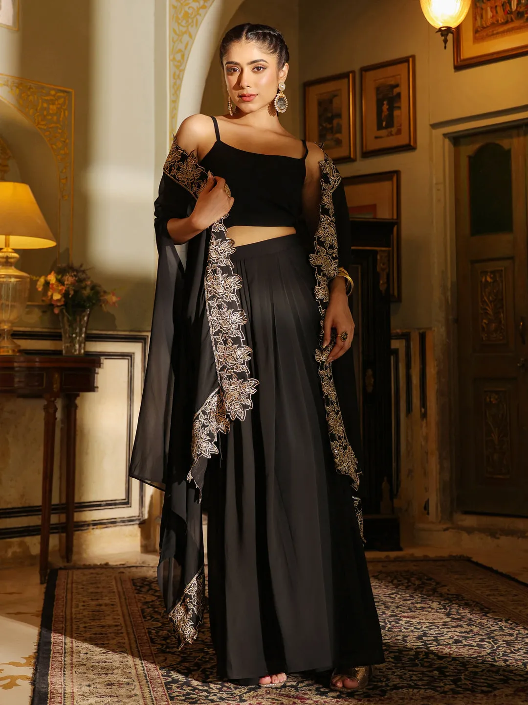 Black Georgette Zari Embroidered Crop Top With Skirt & Cape Set