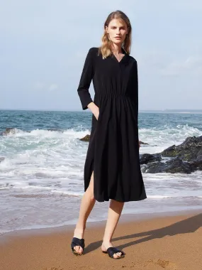 Black Triacetate Gathered Waist Woven Dress