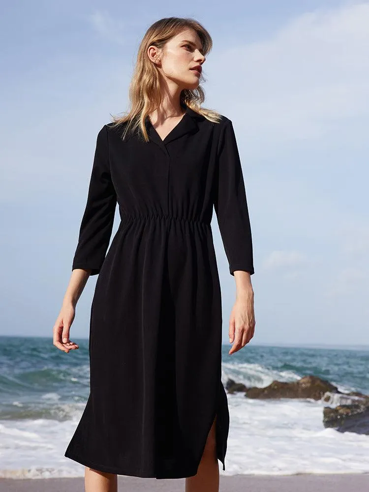 Black Triacetate Gathered Waist Woven Dress