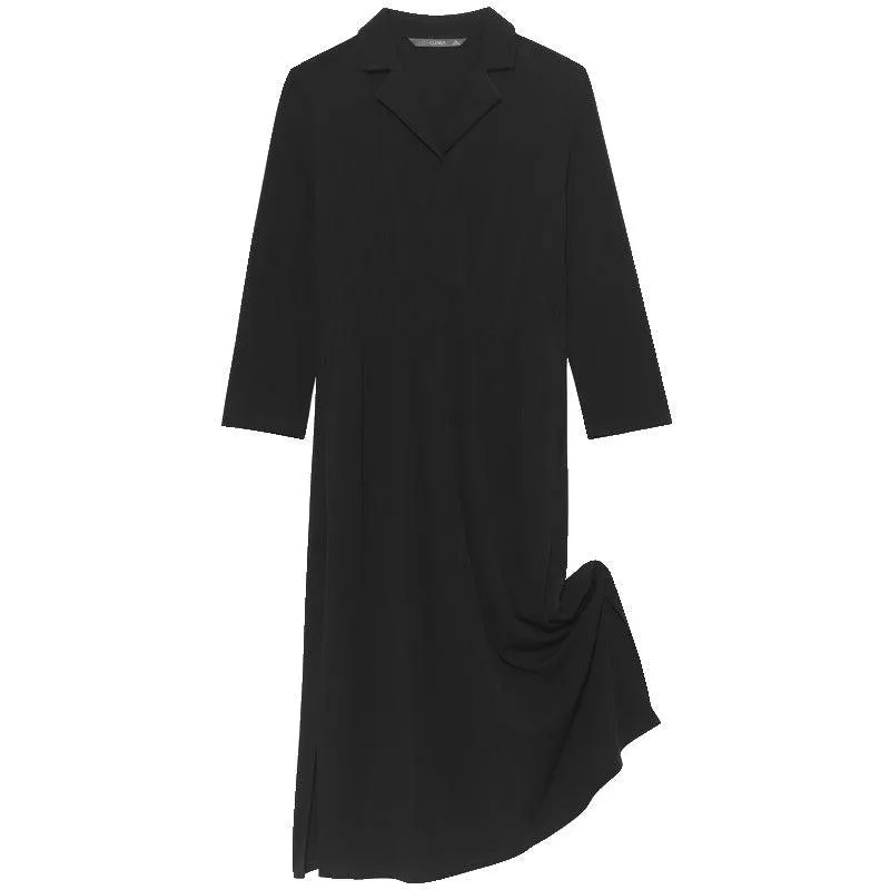 Black Triacetate Gathered Waist Woven Dress