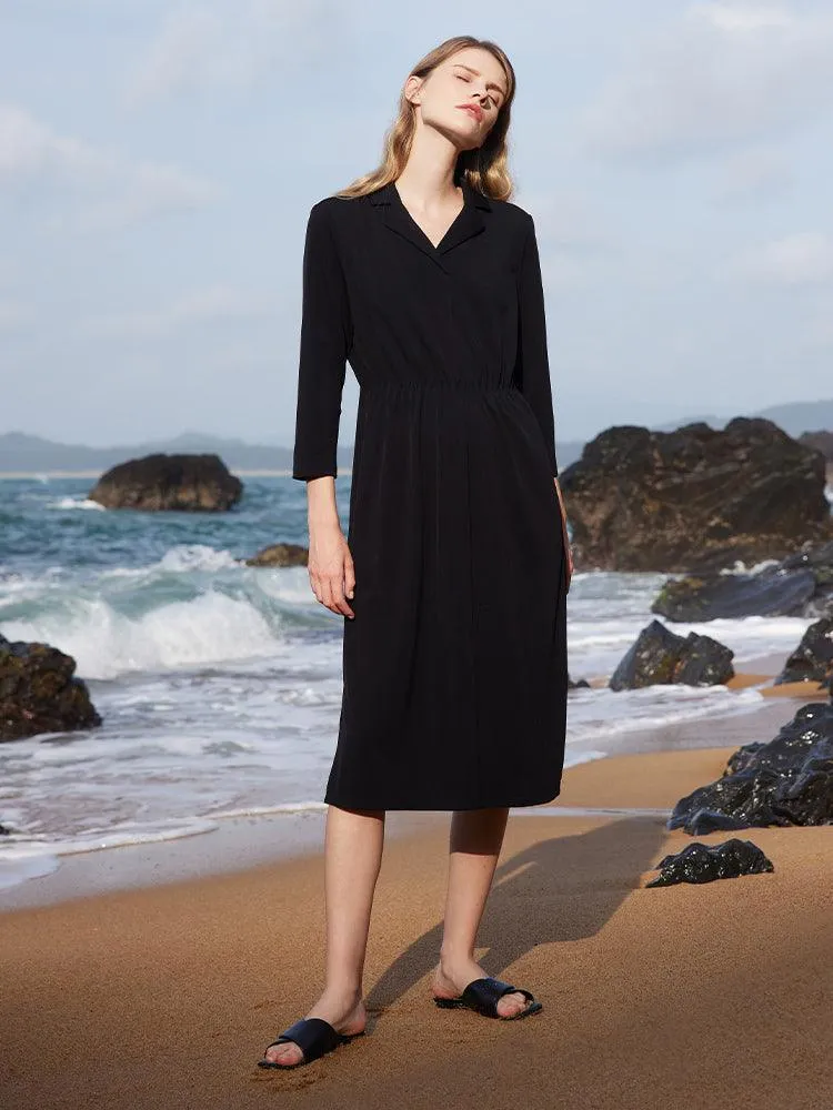 Black Triacetate Gathered Waist Woven Dress