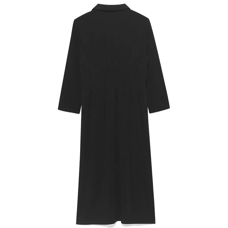 Black Triacetate Gathered Waist Woven Dress