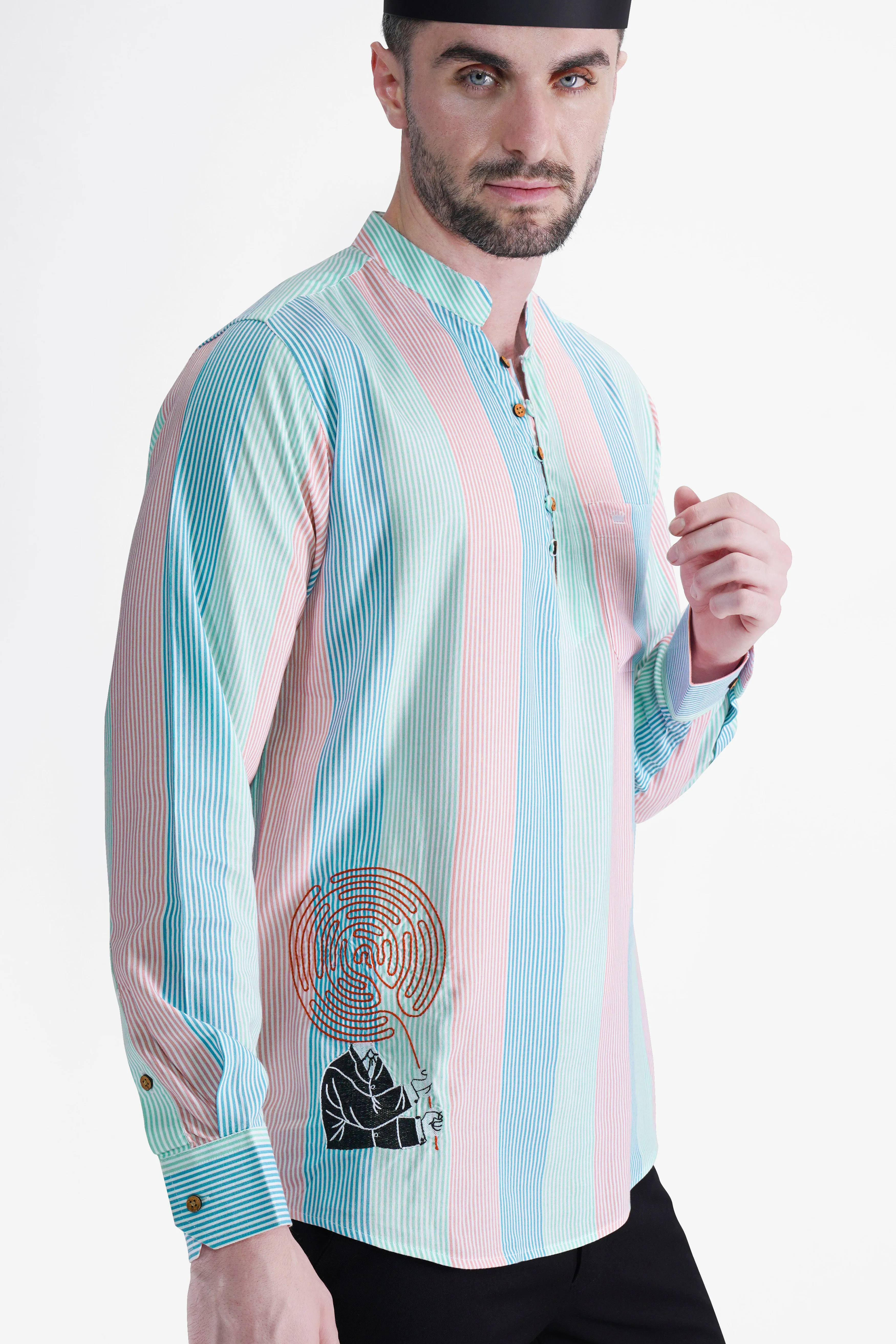 Blossom Pink and Multi-coloured with Artistic Embroidered Work Striped Premium Tencel Kurta Shirt