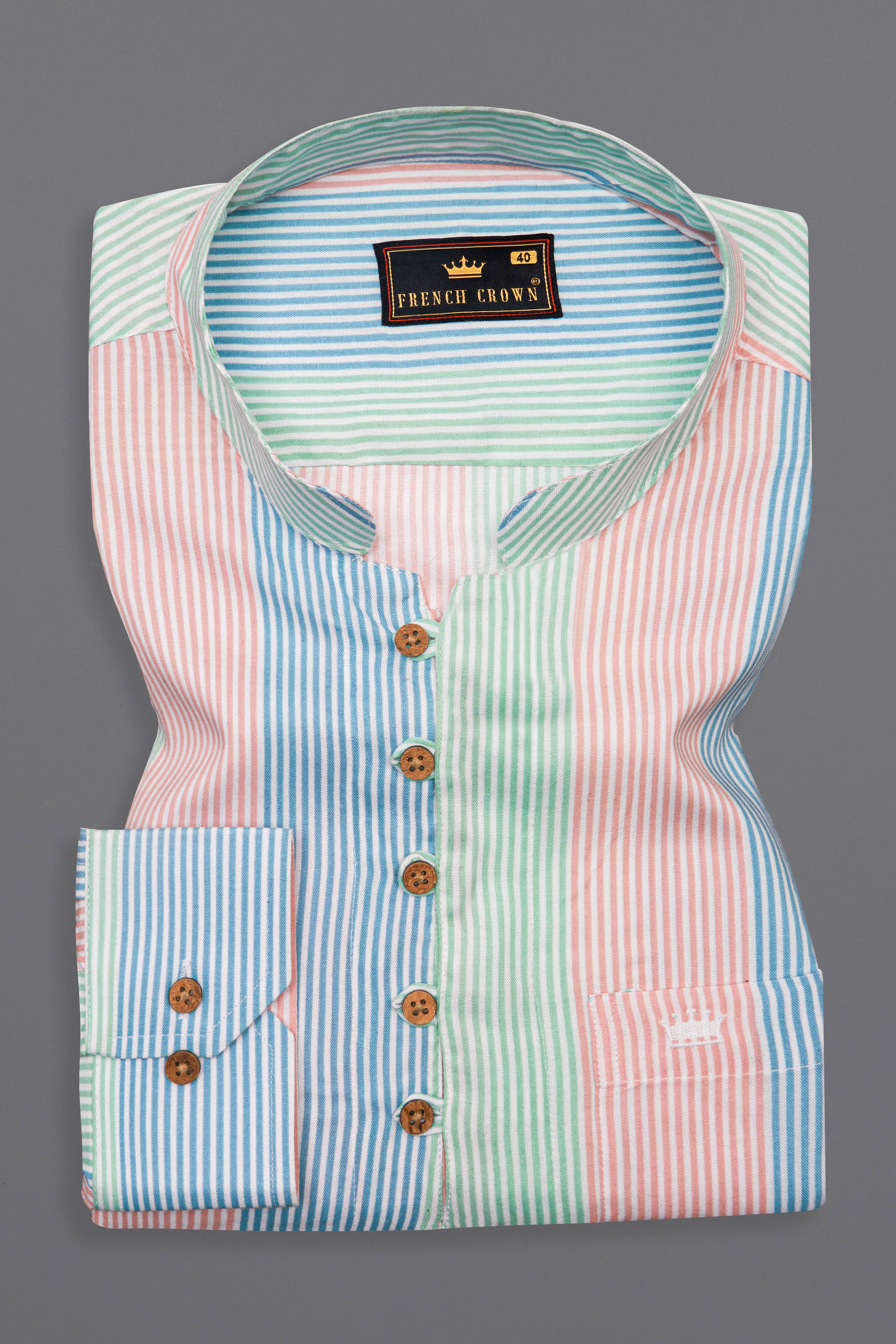 Blossom Pink and Multi-coloured with Artistic Embroidered Work Striped Premium Tencel Kurta Shirt