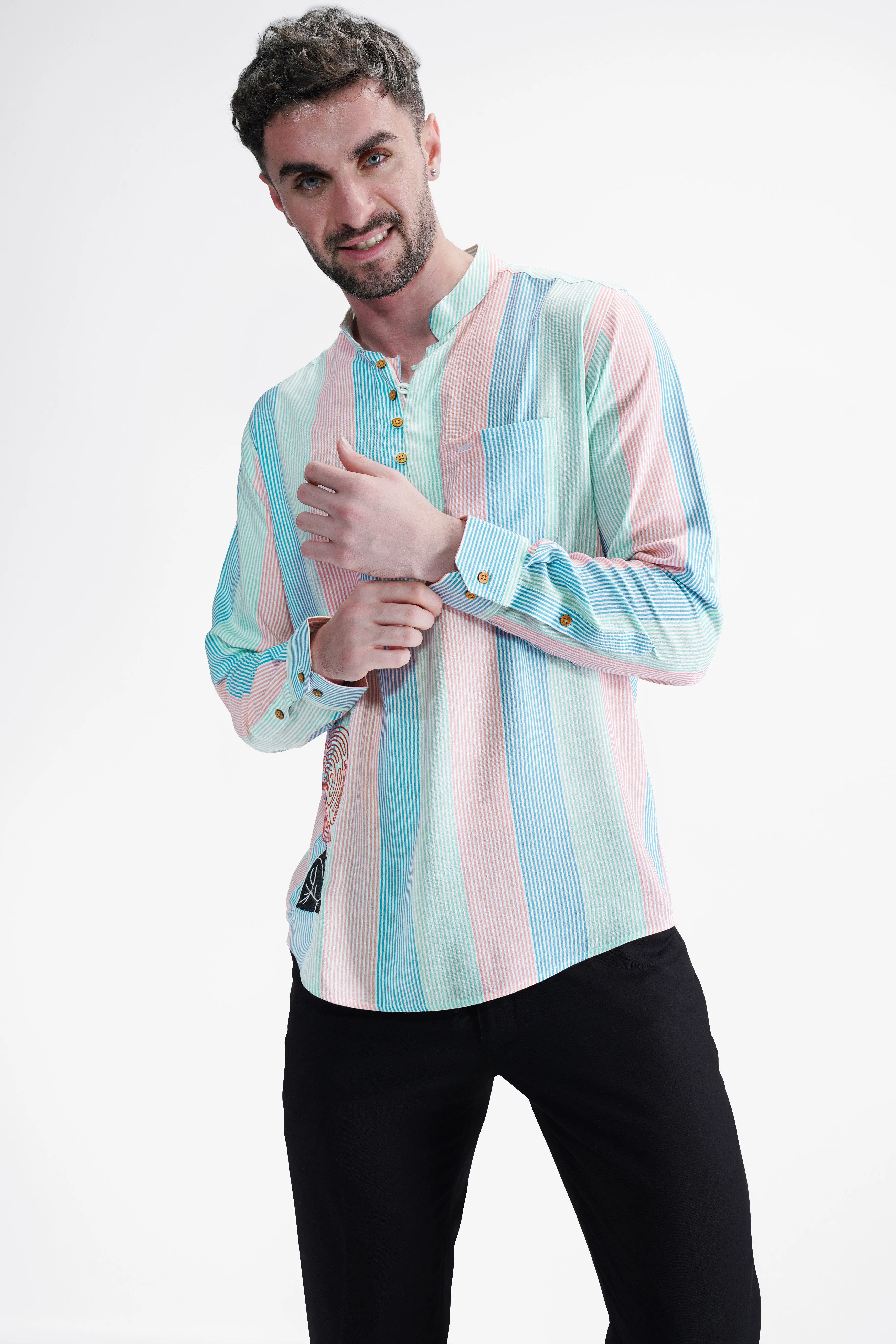 Blossom Pink and Multi-coloured with Artistic Embroidered Work Striped Premium Tencel Kurta Shirt