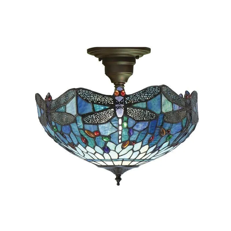 Blue Dragonfly Medium Tiffany Semi Flush Ceiling Light