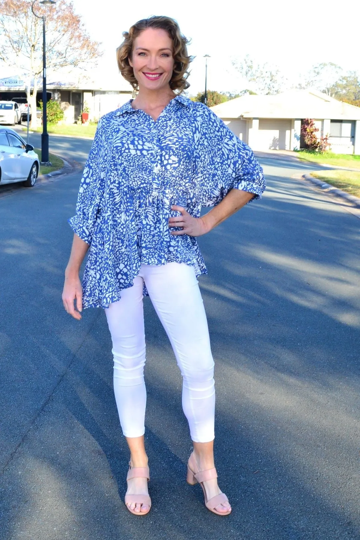 Blue Giraffe Print Relaxed Fit Tunic Blouse