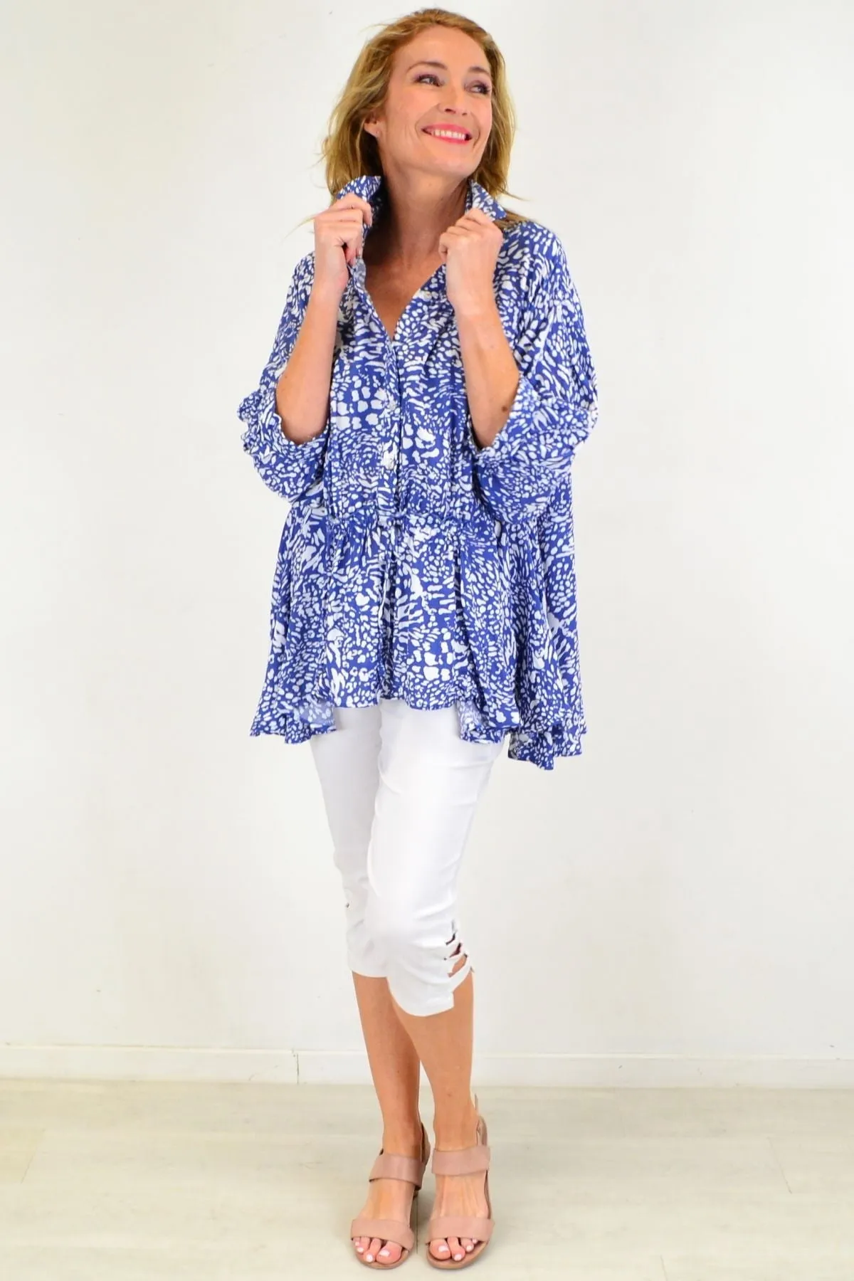 Blue Giraffe Print Relaxed Fit Tunic Blouse