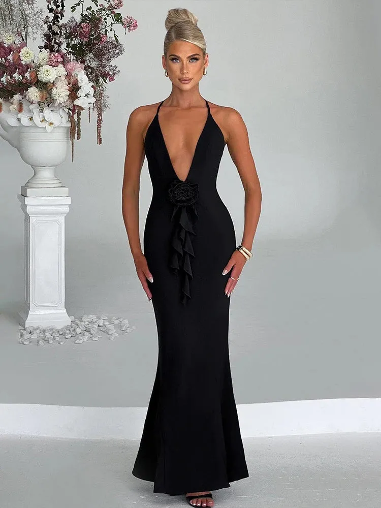 Bodycon Long Deep V Neck Halter Backless Nightclub Sexy Spring Summer Maxi Dress