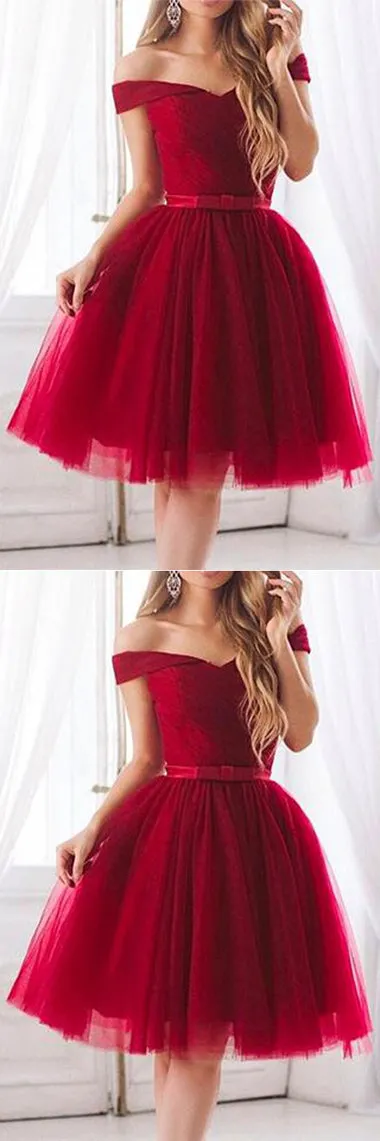 Burgundy Tulle Elegant A-Line Off Shoulder Short Homecoming Dress with Bowknot, SH389