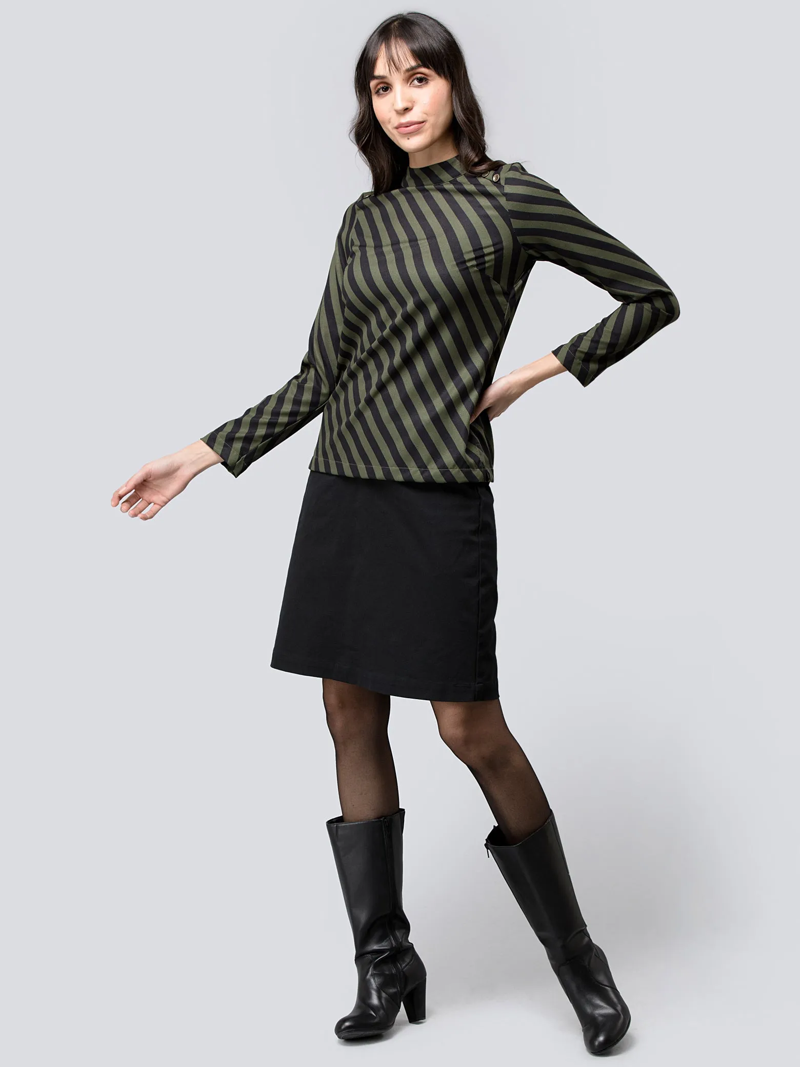 Button Detail Striped Top - Black and Olive