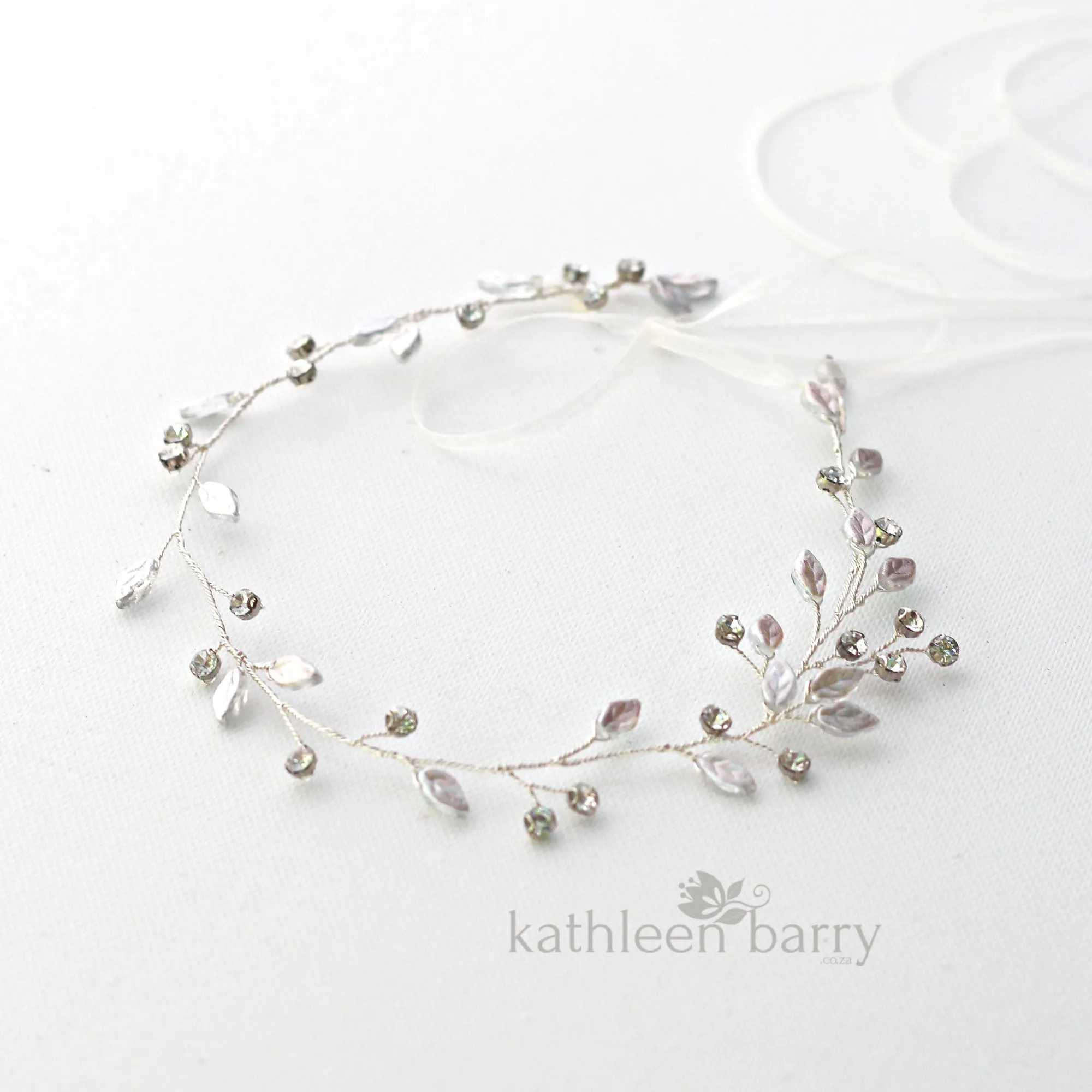 Carlene circlet with glass leaf and rhinestone crystal - bridal headband wreath vine