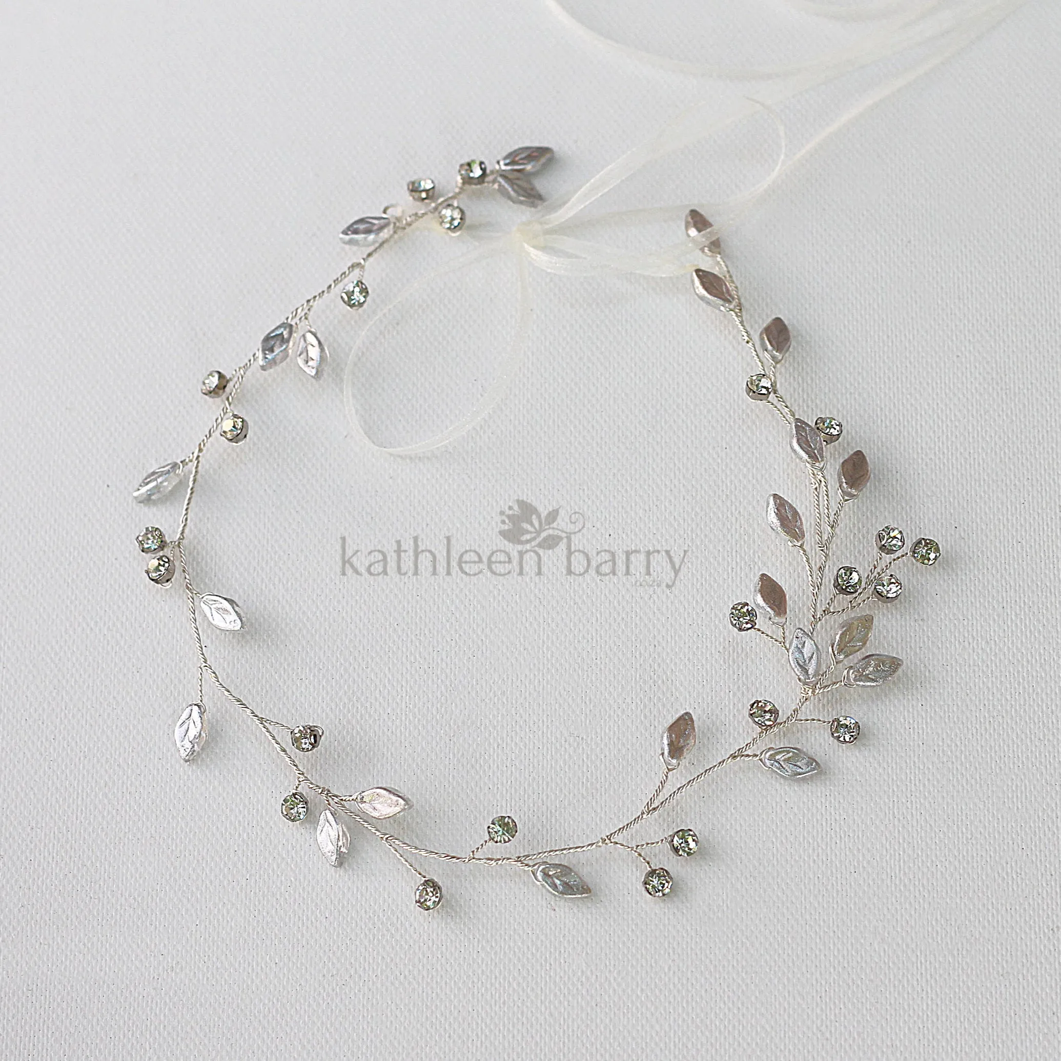 Carlene circlet with glass leaf and rhinestone crystal - bridal headband wreath vine