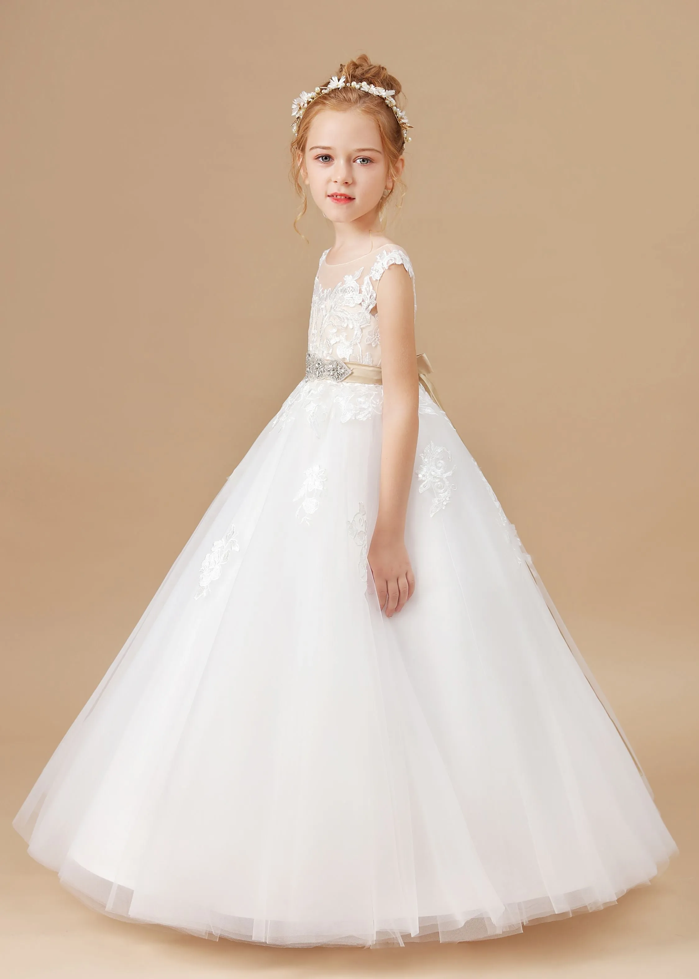 Champagne Bowknot Tulle Satin Ivory Sleeveless Flower Girl Dress