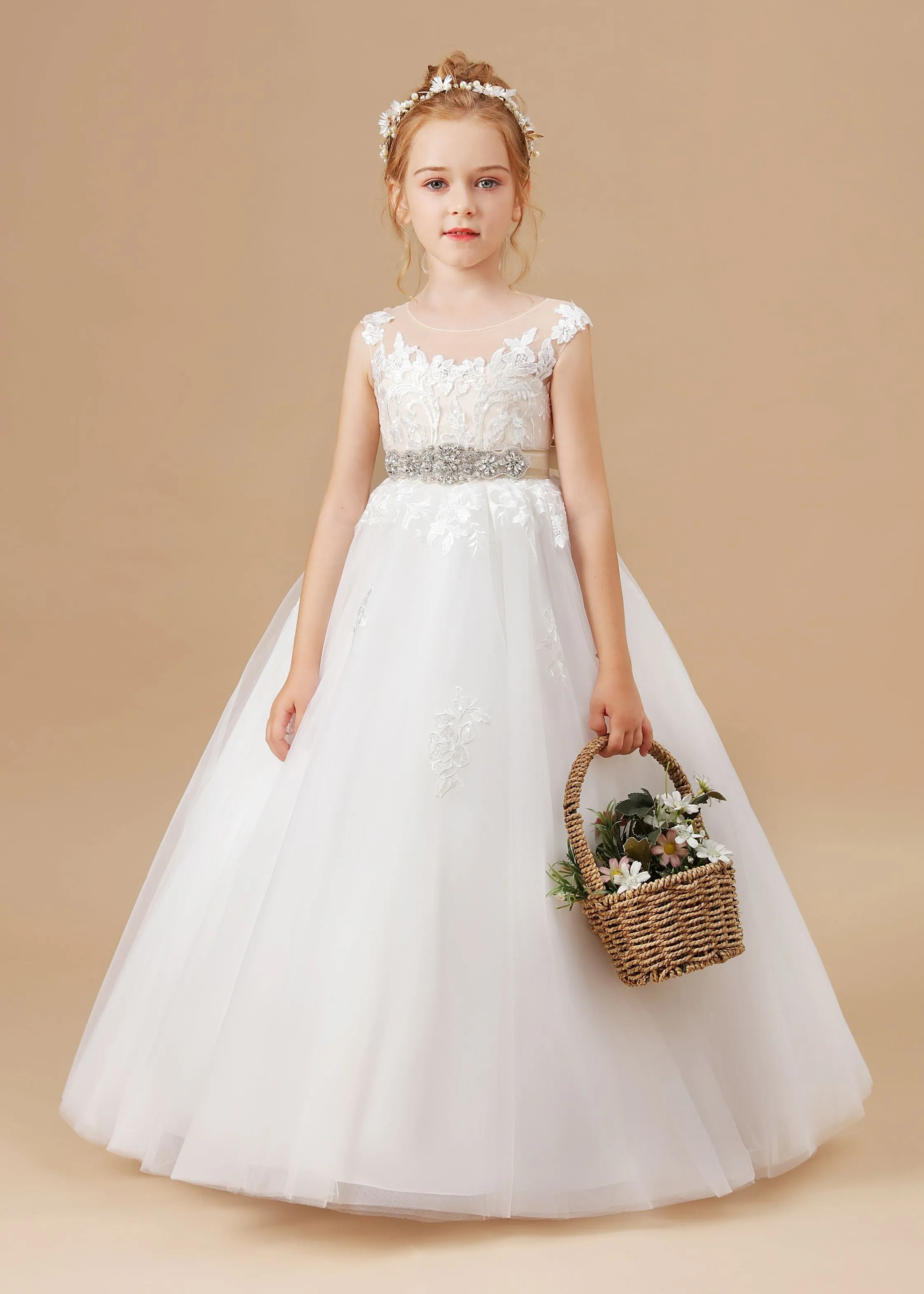 Champagne Bowknot Tulle Satin Ivory Sleeveless Flower Girl Dress