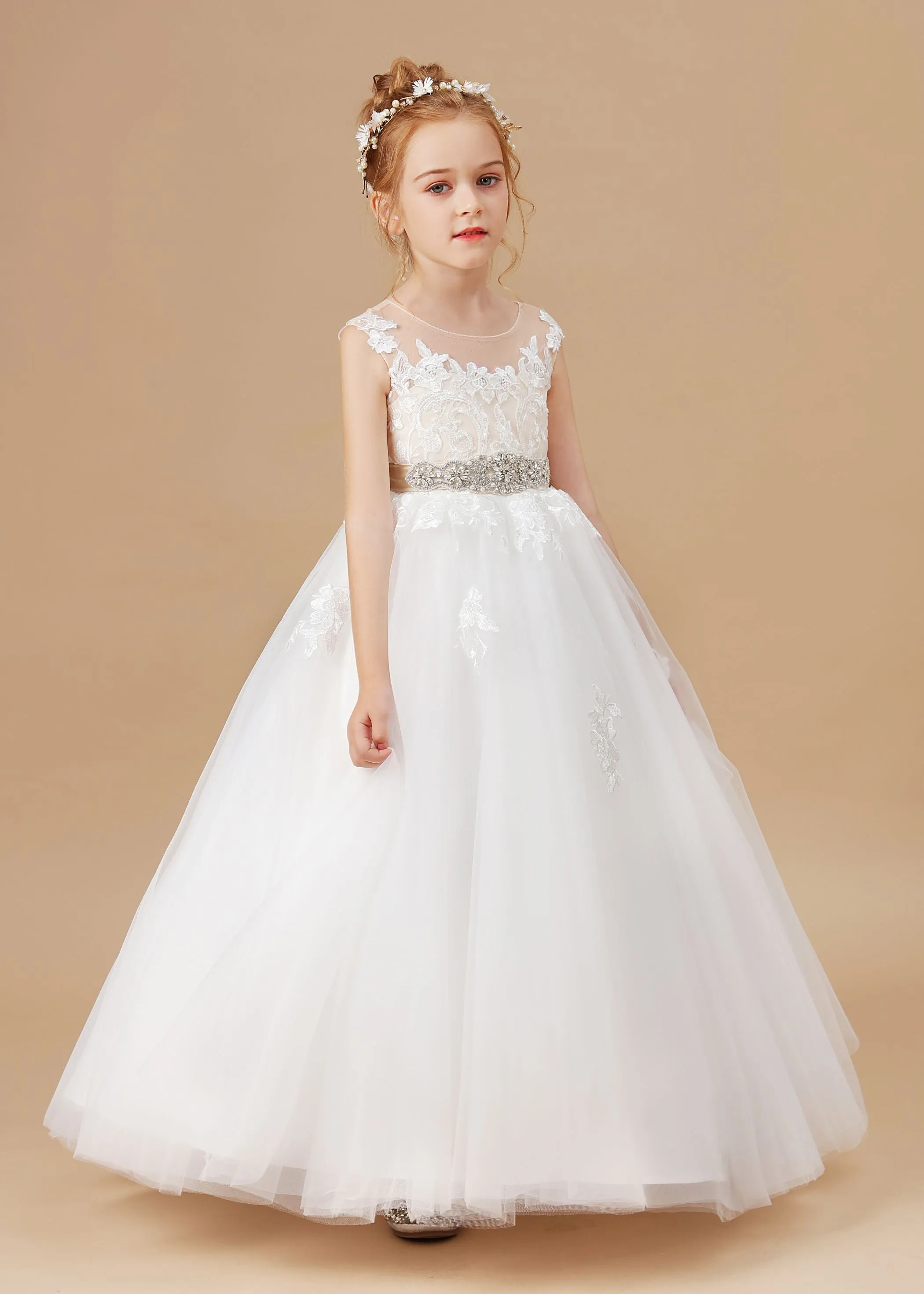 Champagne Bowknot Tulle Satin Ivory Sleeveless Flower Girl Dress