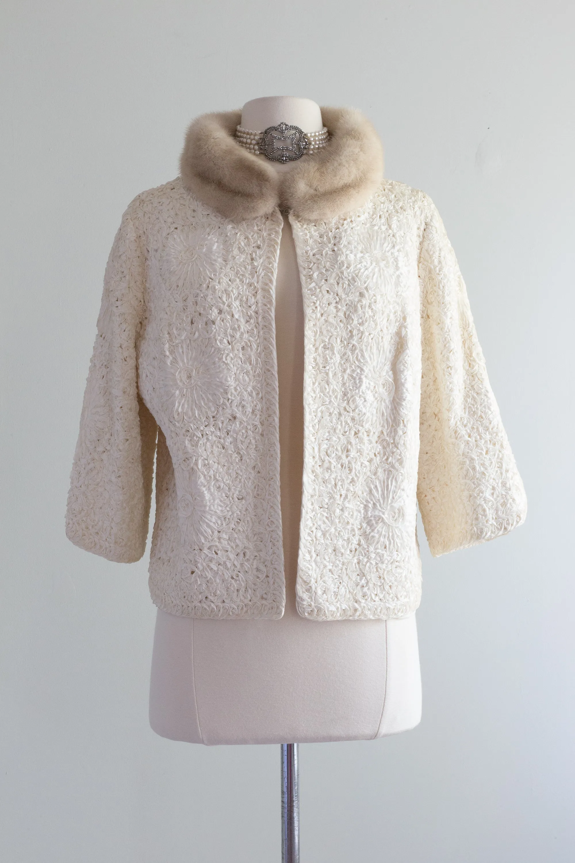 Chic 1960's Ivory Ribbon Soutache Jacket With Mink Collar / Medium